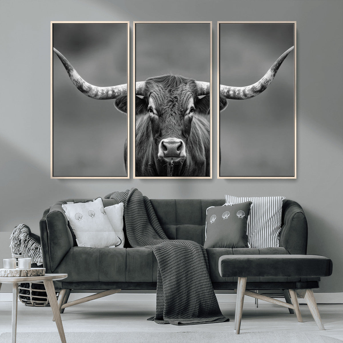 Texas Longhorn Wall Art Canvas Print, Framed Western Bull Photography, Rustic Log Cabin Decor