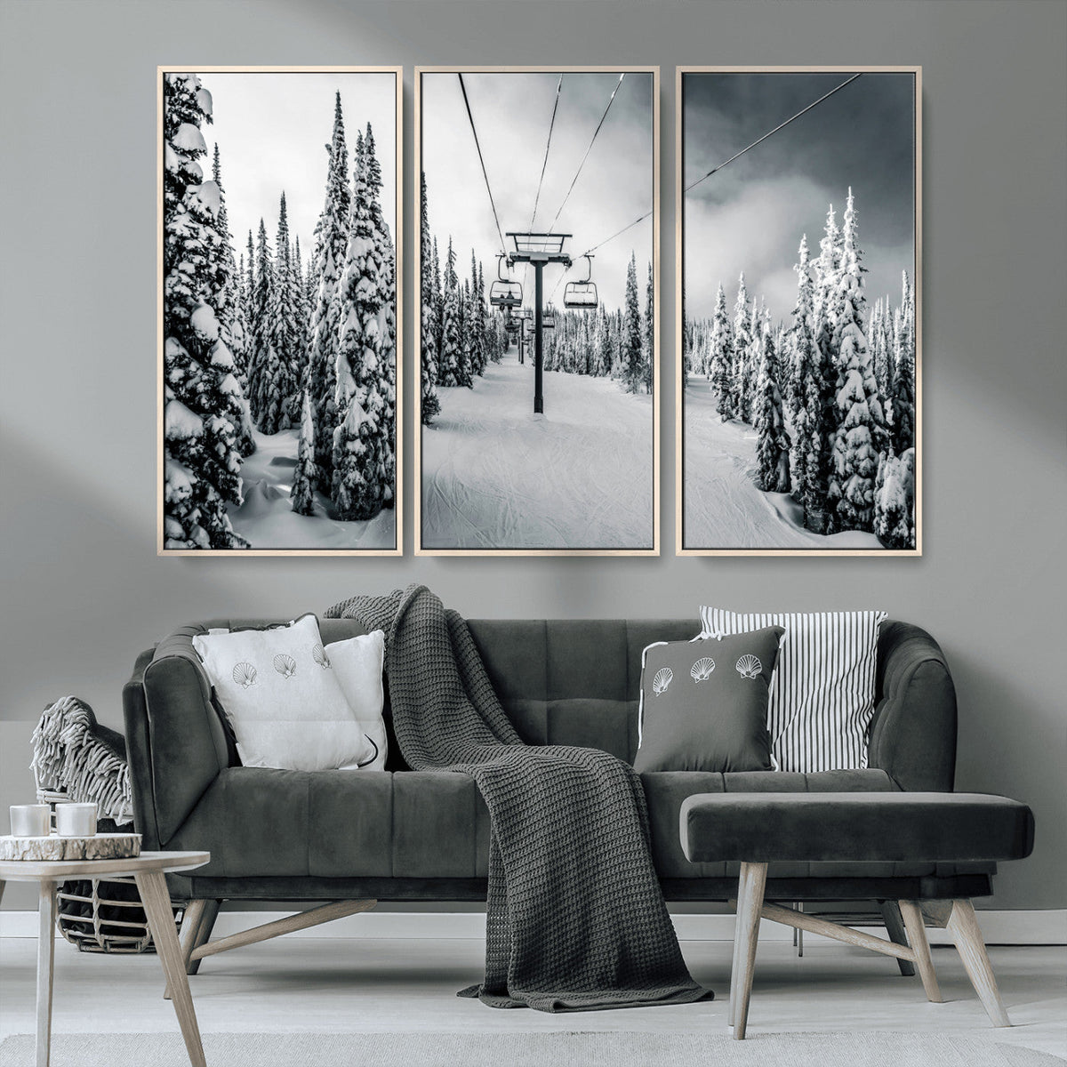 Snowy Pines Wall Art Canvas Print | Ski Lift in a Winter Forest