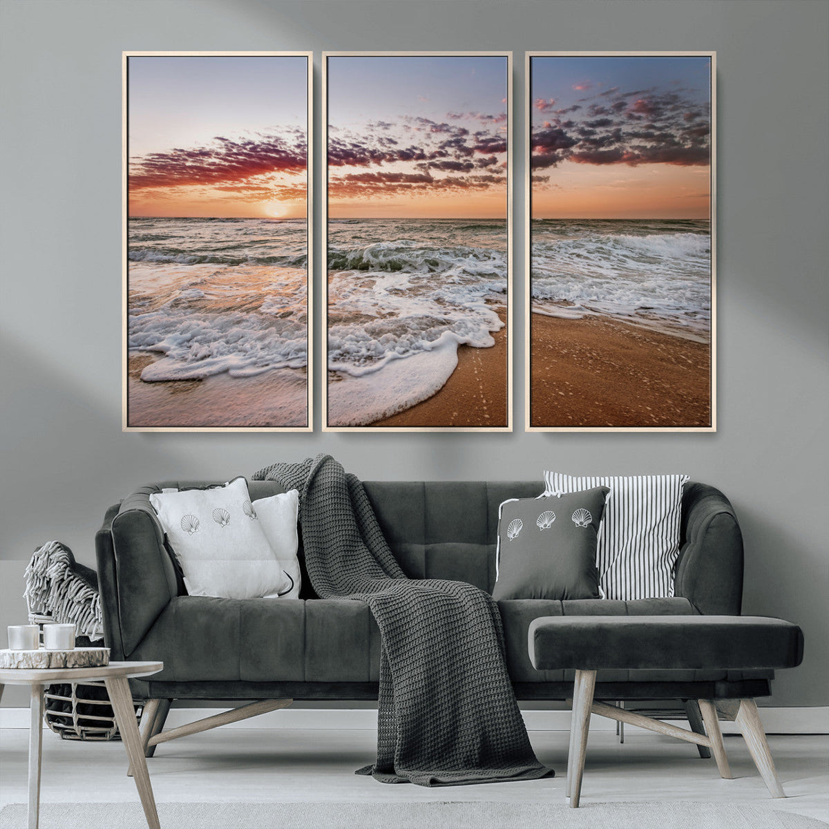 Ocean Sunset Wall Art Canvas Print | Sandy Shore and Gentle Waves