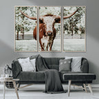 Texas Longhorn Wall Art Canvas Print | Framed Spotted Brown and White Bull