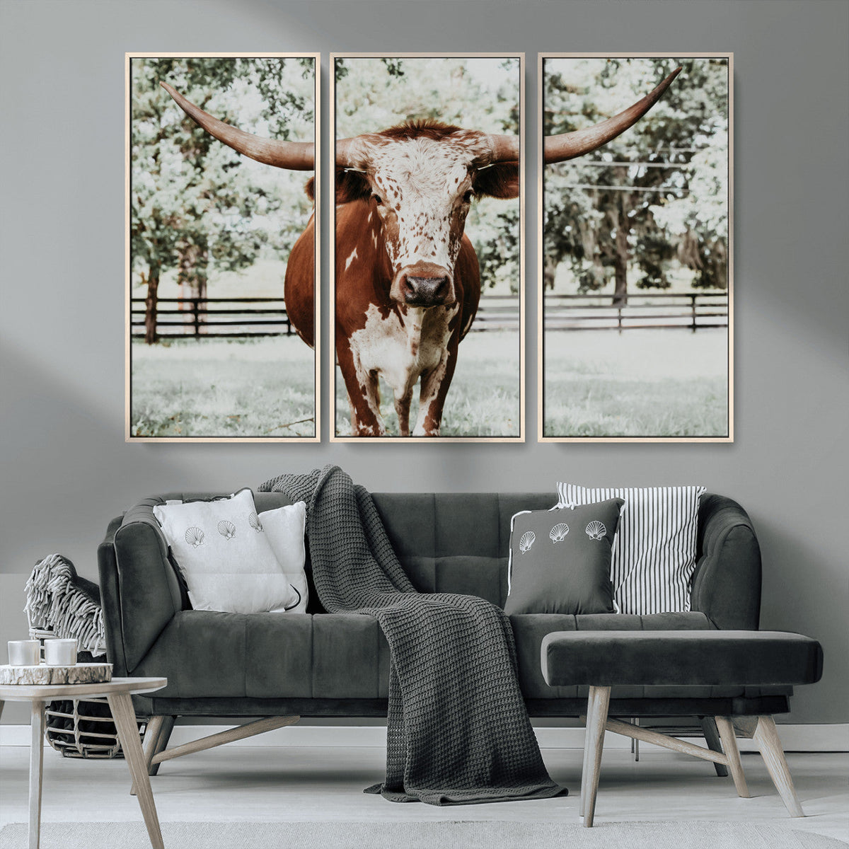Texas Longhorn Wall Art Canvas Print | Framed Spotted Brown and White Bull