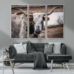 Texas Longhorn Wall Art Canvas Print | Framed Brown and White Spotted Longhorn