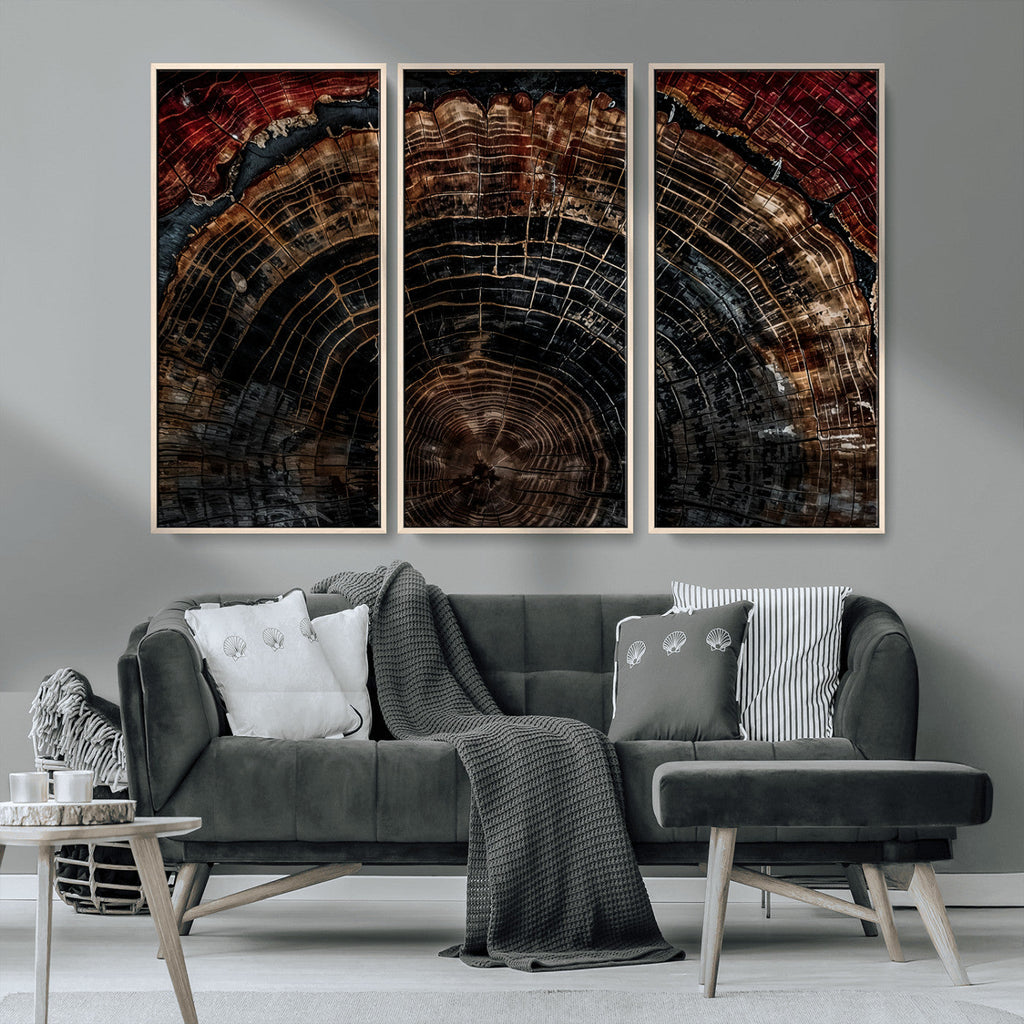 Dark Wood Ring Wall Art Canvas Print, Framed Abstract Tree Slice Print, Rustic Wood Grain Decor