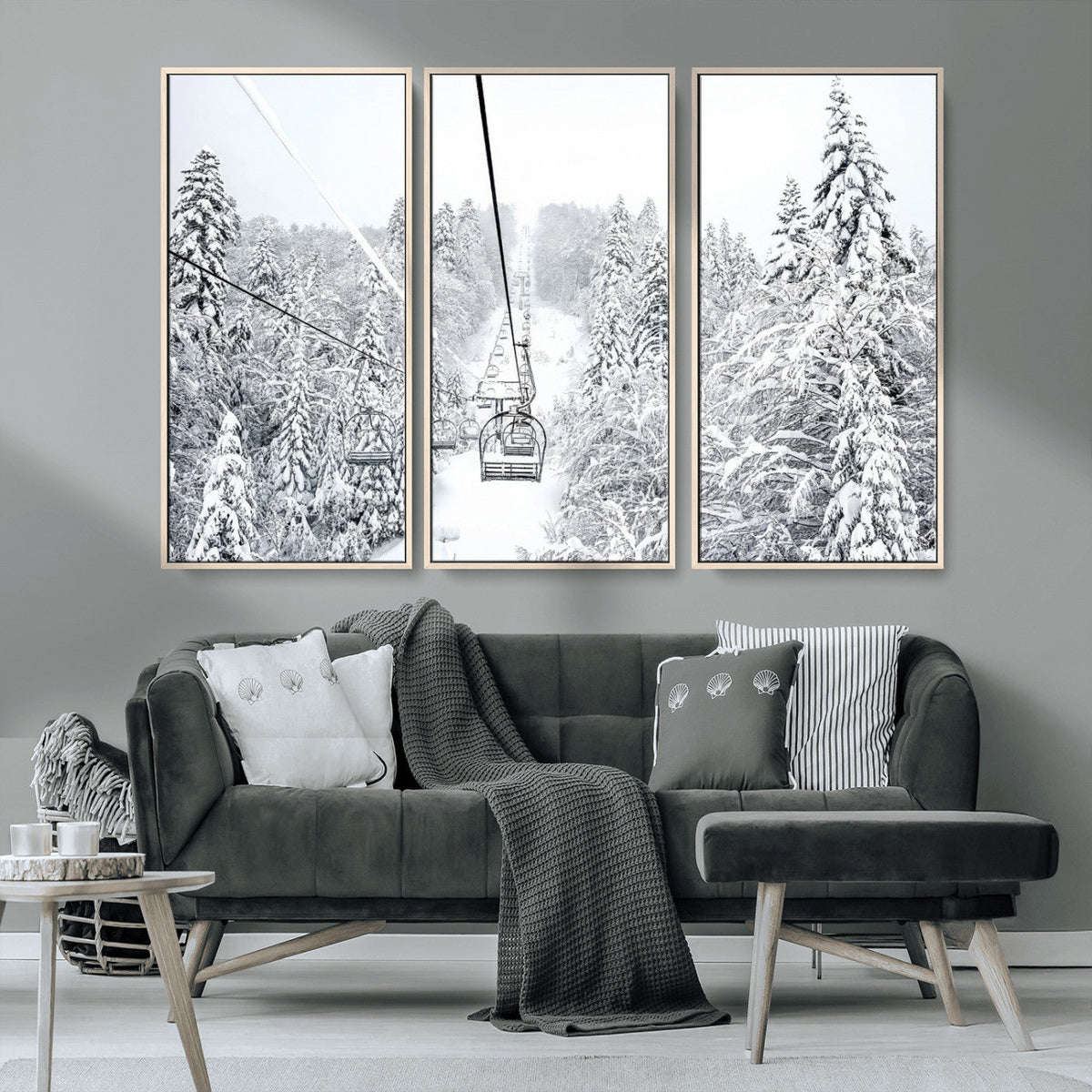 Snowy Ski Lift Wall Art | Framed Winter Mountain Canvas