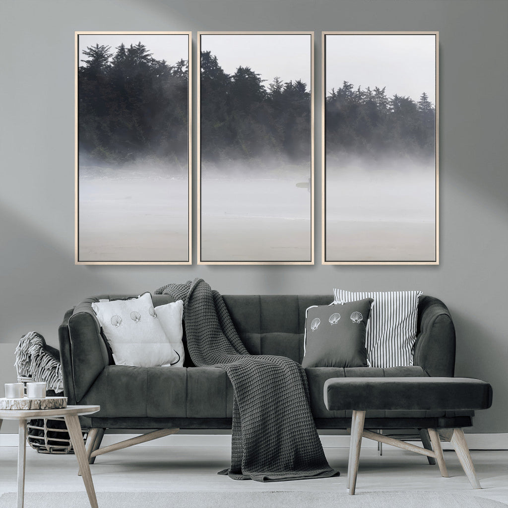 Surfer Fog Wall Art Canvas Print, Framed Foggy Beach and Coastal Surf Scene