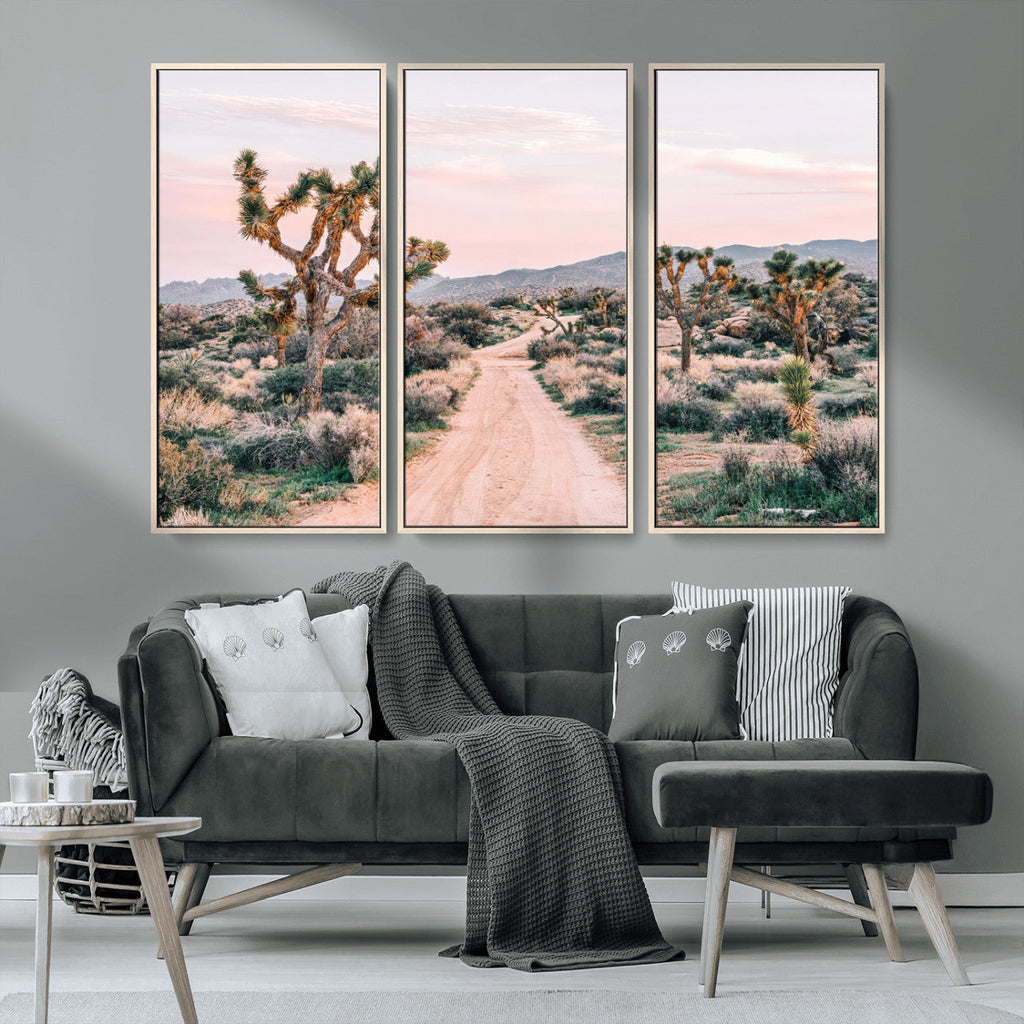 Joshua Tree Wall Art Canvas Print, Framed Desert Road Scene at Sunset