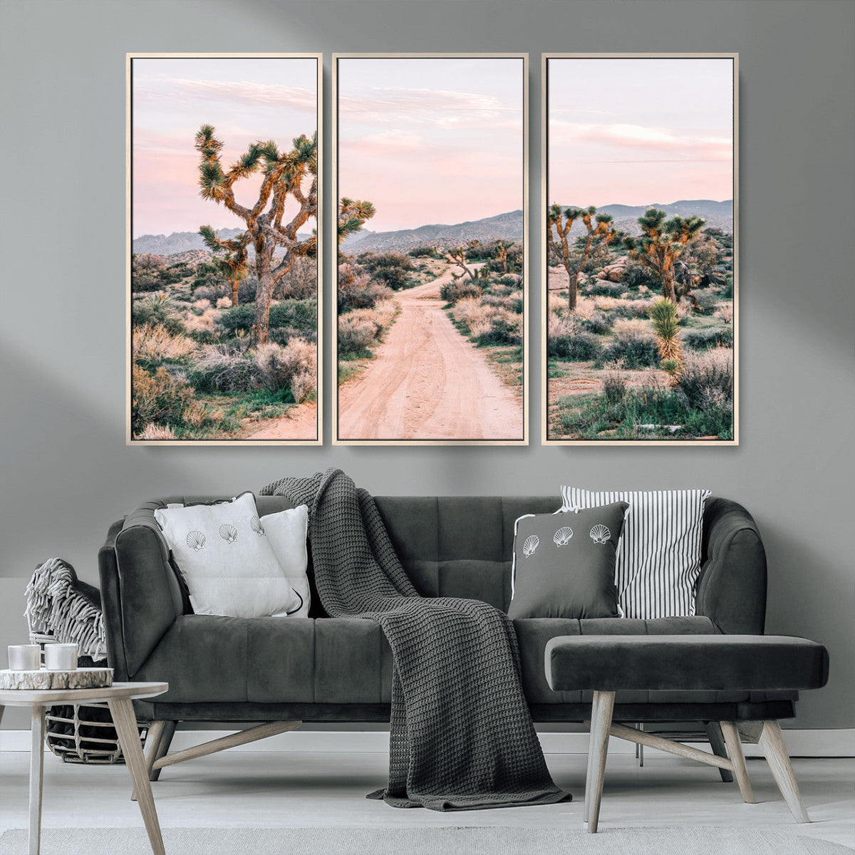 Joshua Tree Wall Art Canvas Print, Framed Desert Road Scene at Sunset