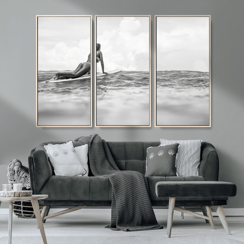 Black and White Surfing Wall Art Canvas Print, Framed Ocean Horizon Surfer Girl