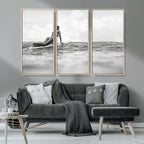Black and White Surfing Wall Art Canvas Print, Framed Ocean Horizon Surfer Girl
