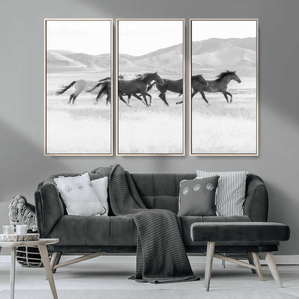 Wild Horses Running Wall Art Canvas Print, Framed Black White Mustangs Artwork