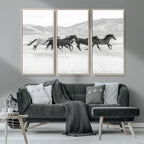 Wild Horses Running Wall Art Canvas Print, Framed Black White Mustangs Artwork
