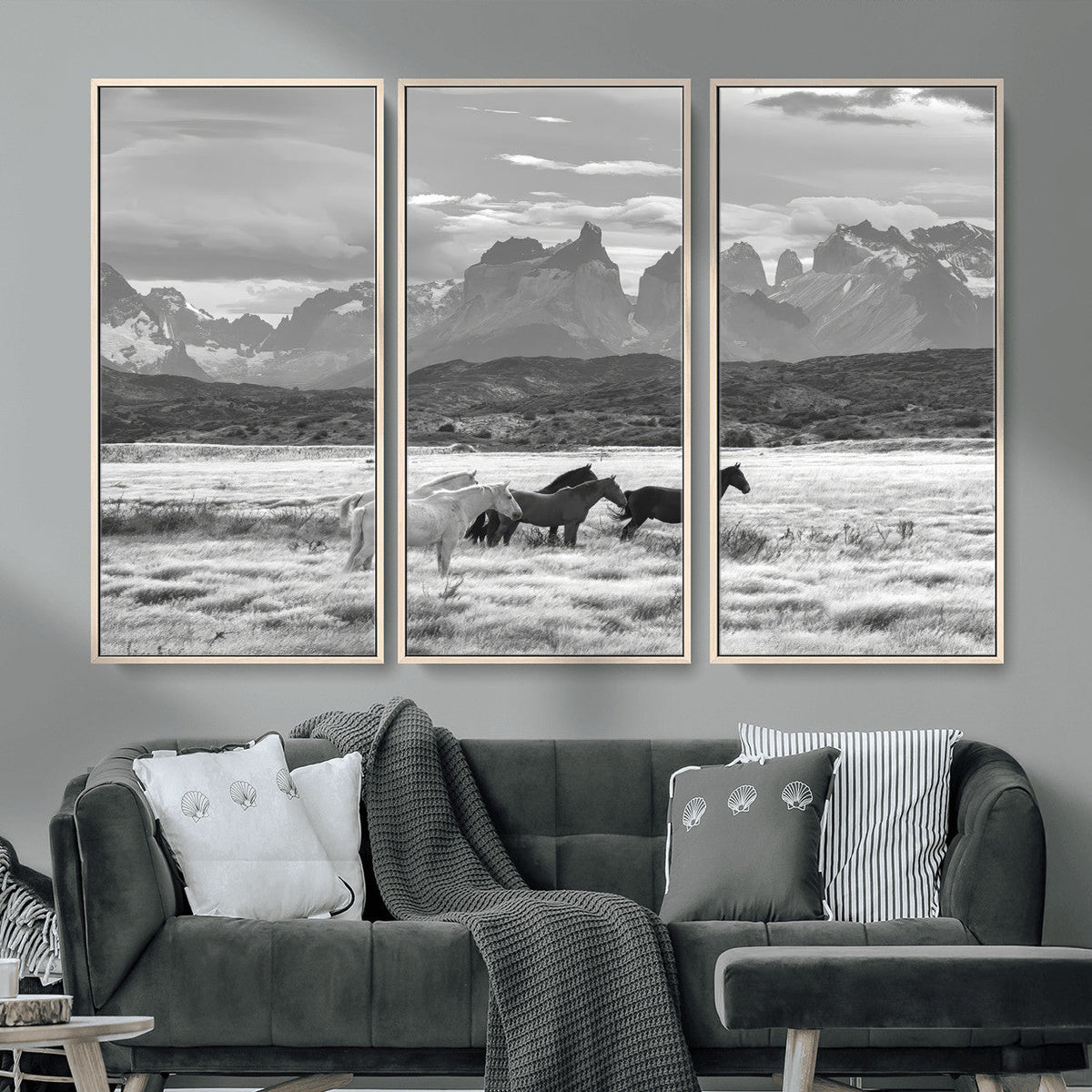 Wild Horses Wall Art | Framed Black White Mountain Canvas