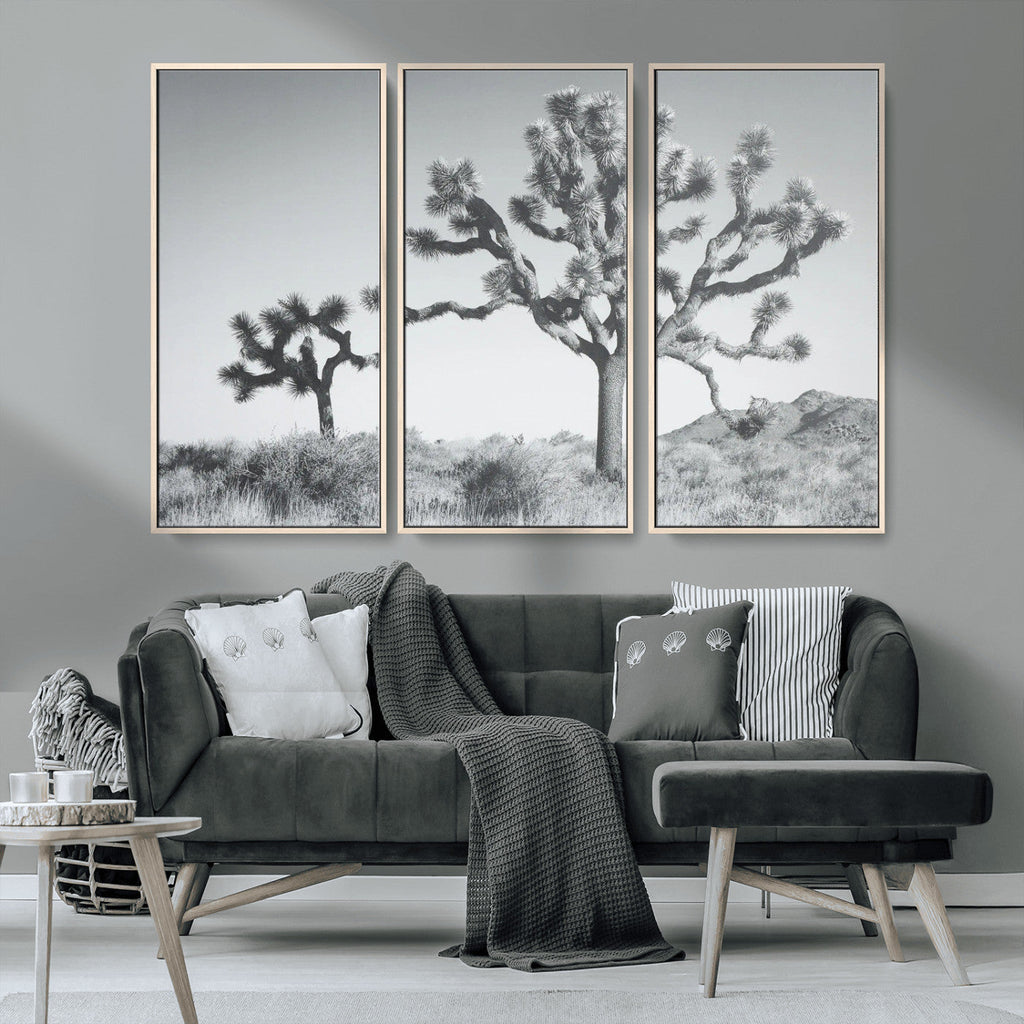 Joshua Tree Wall Art Canvas Print, Framed Black and White Desert Landscape Artwork