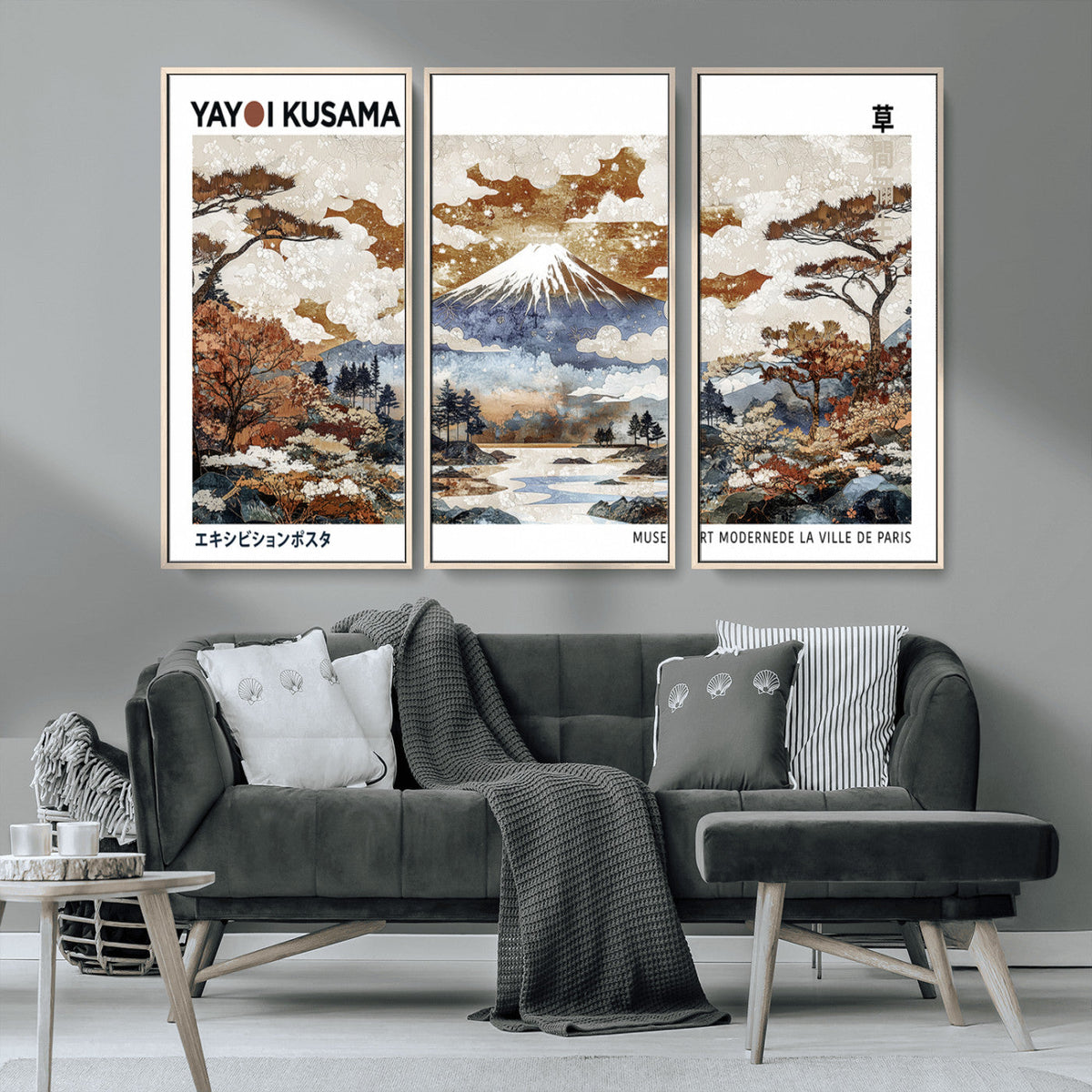 Modern Japanese Wall Art Canvas Print, Framed Abstract Mount Fuji Landscape, Yayoi Kusama Canvas Wall Art