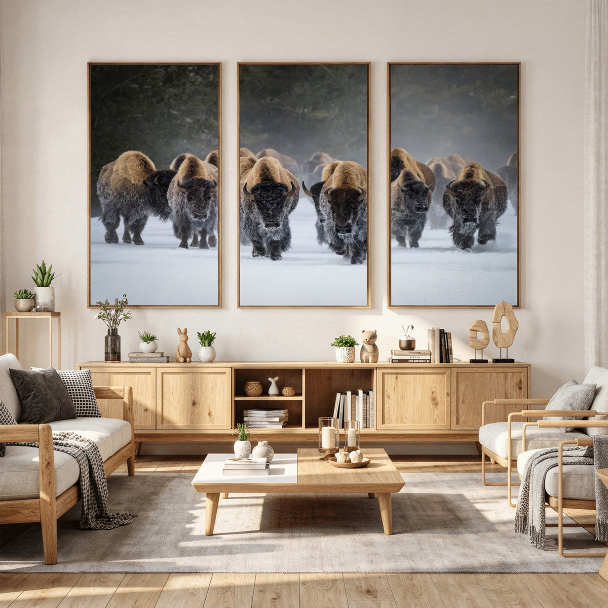 Bison Herd Wall Art Canvas Print, Framed Rustic Wildlife Decor, Snowy Bison Landscape