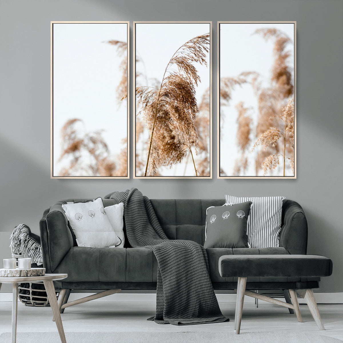 Pampas Grass Wall Art Canvas Print, Framed Neutral Tones Minimalist Boho