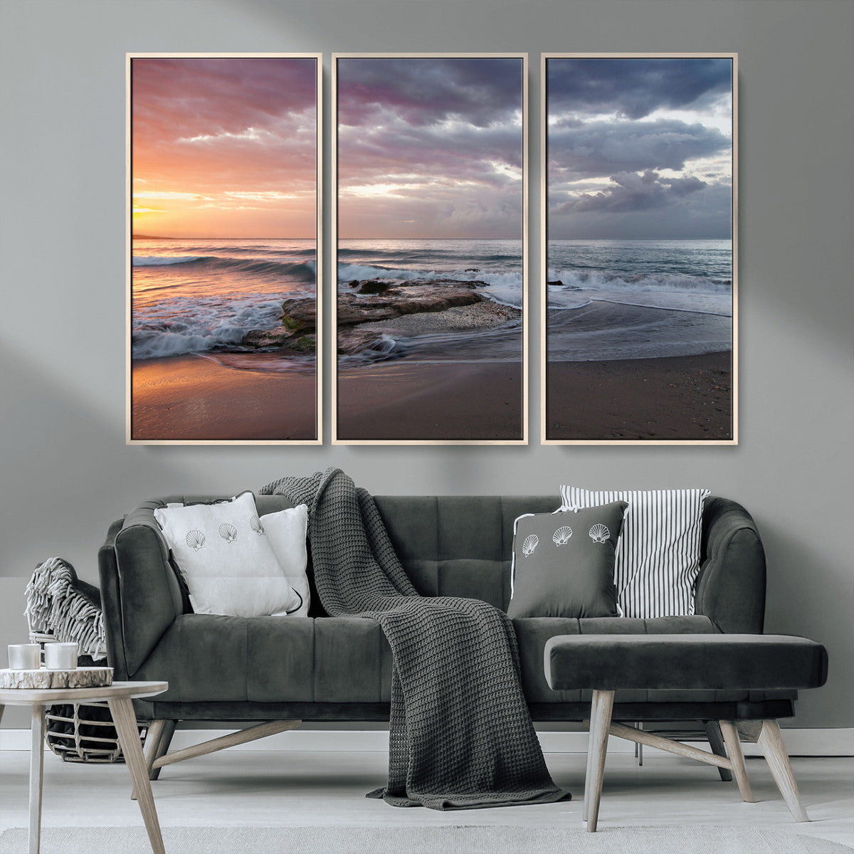 Golden Hour Wall Art Canvas Print, Framed Tranquil Waves Beach Sunset
