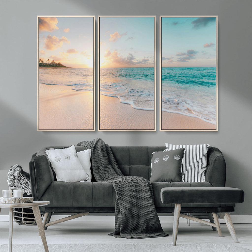 Beach Sunset Wall Art Canvas Print, Framed Ocean Waves Summer Escape