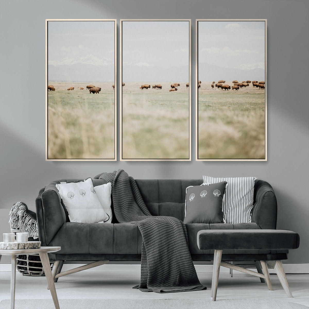 Bison Herd Wall Art Canvas Print, Framed Western Ranch Nature Scene