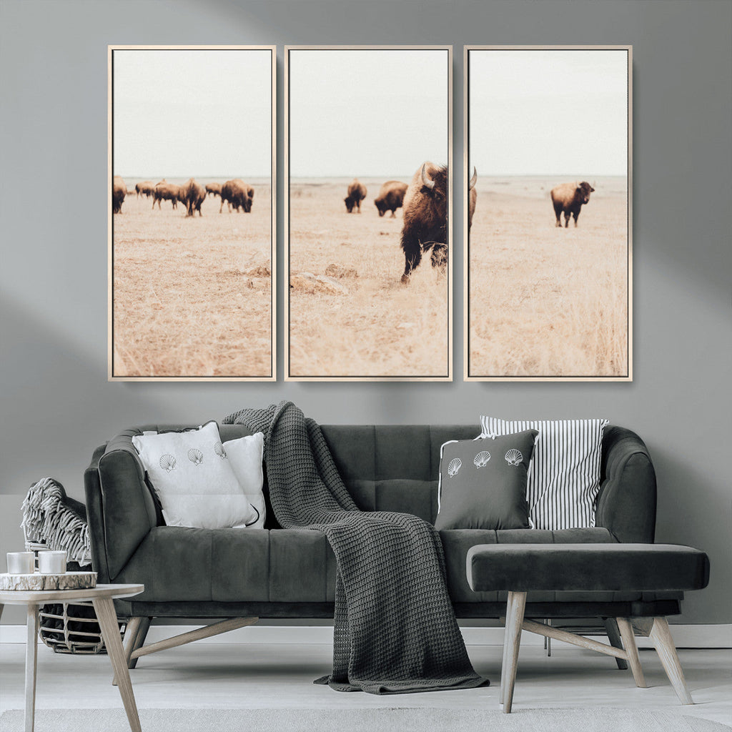 Bison Herd Wall Art Canvas Print, Framed Western Prairie Serenity