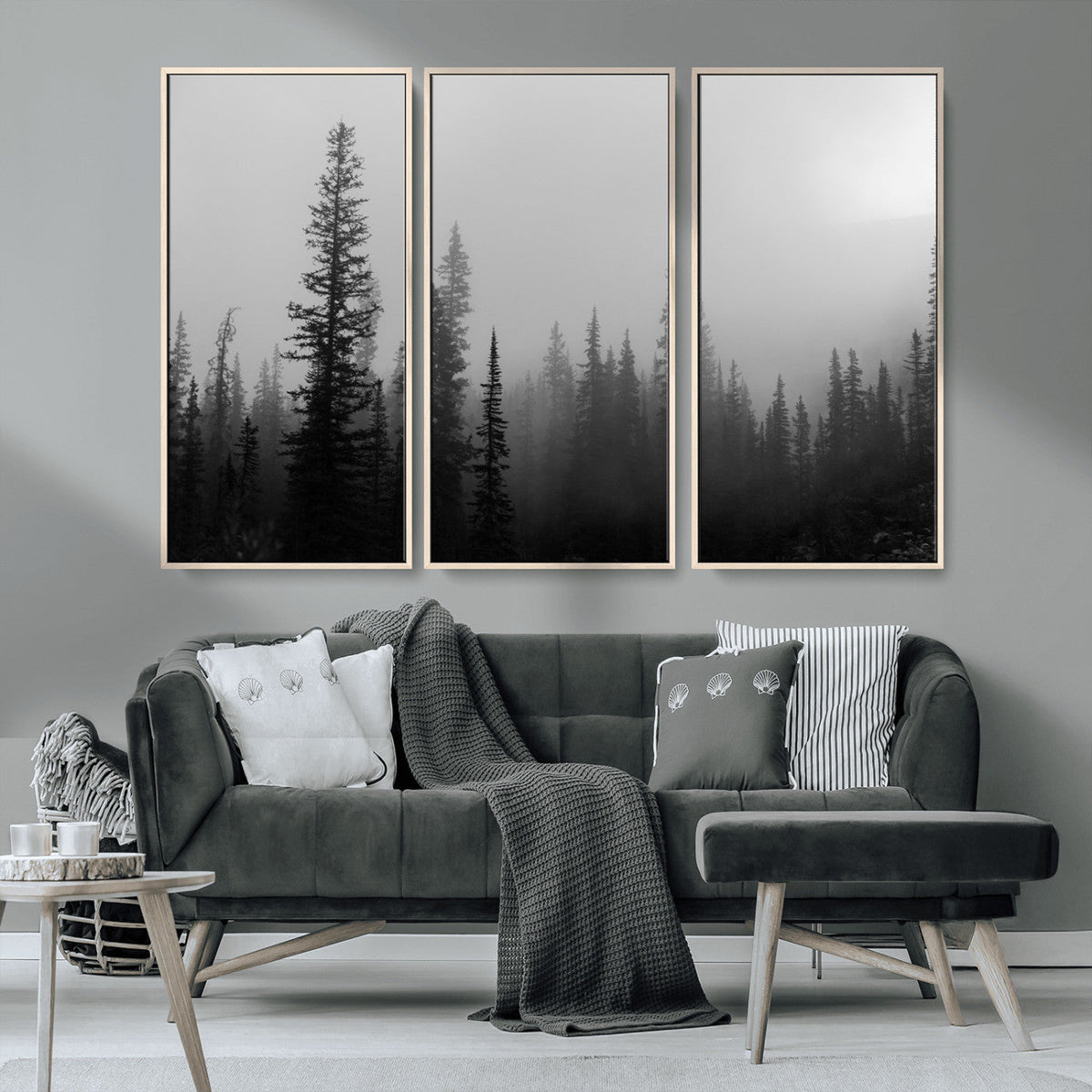 Misty Pines Wall Art Canvas Print, Framed Woodland Minimalist Black and White