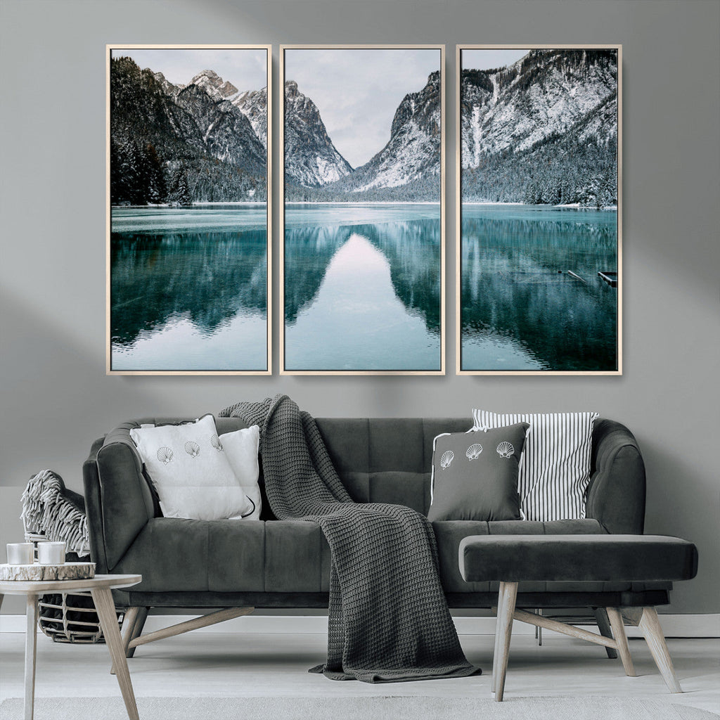Mountain Lake Wall Art Canvas Print, Framed Toblacher See Winter Wonderland