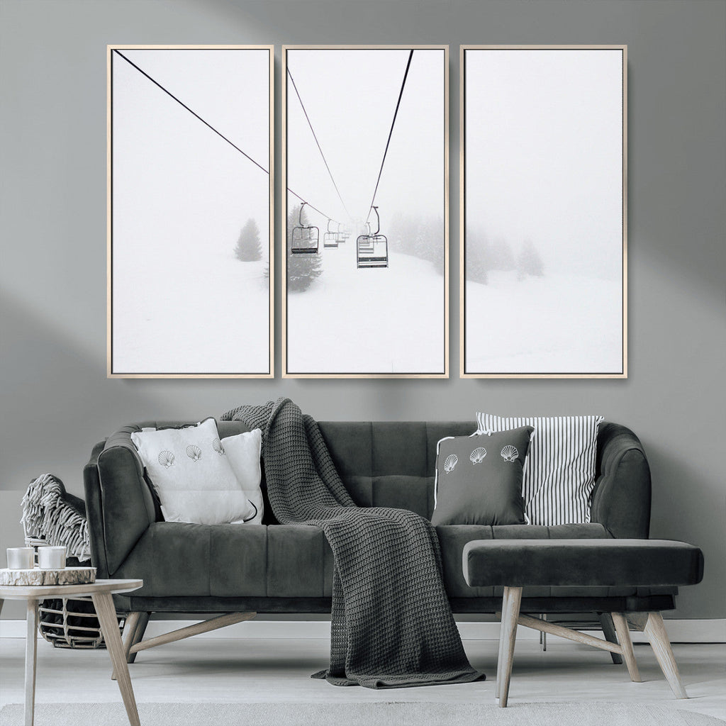 Ski Lift Wall Art Canvas Print, Framed Snowy Landscape Art, Alpine Adventure Nordic Minimalist Decor