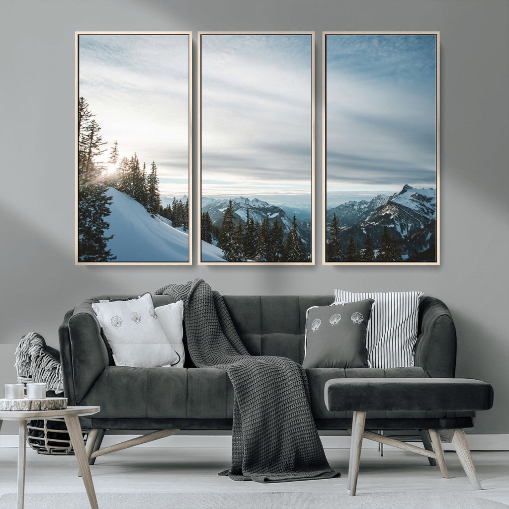 Snowy Mountains Wall Art Canvas Print, Framed Alpine Landscape Frosty Peaks Artwork