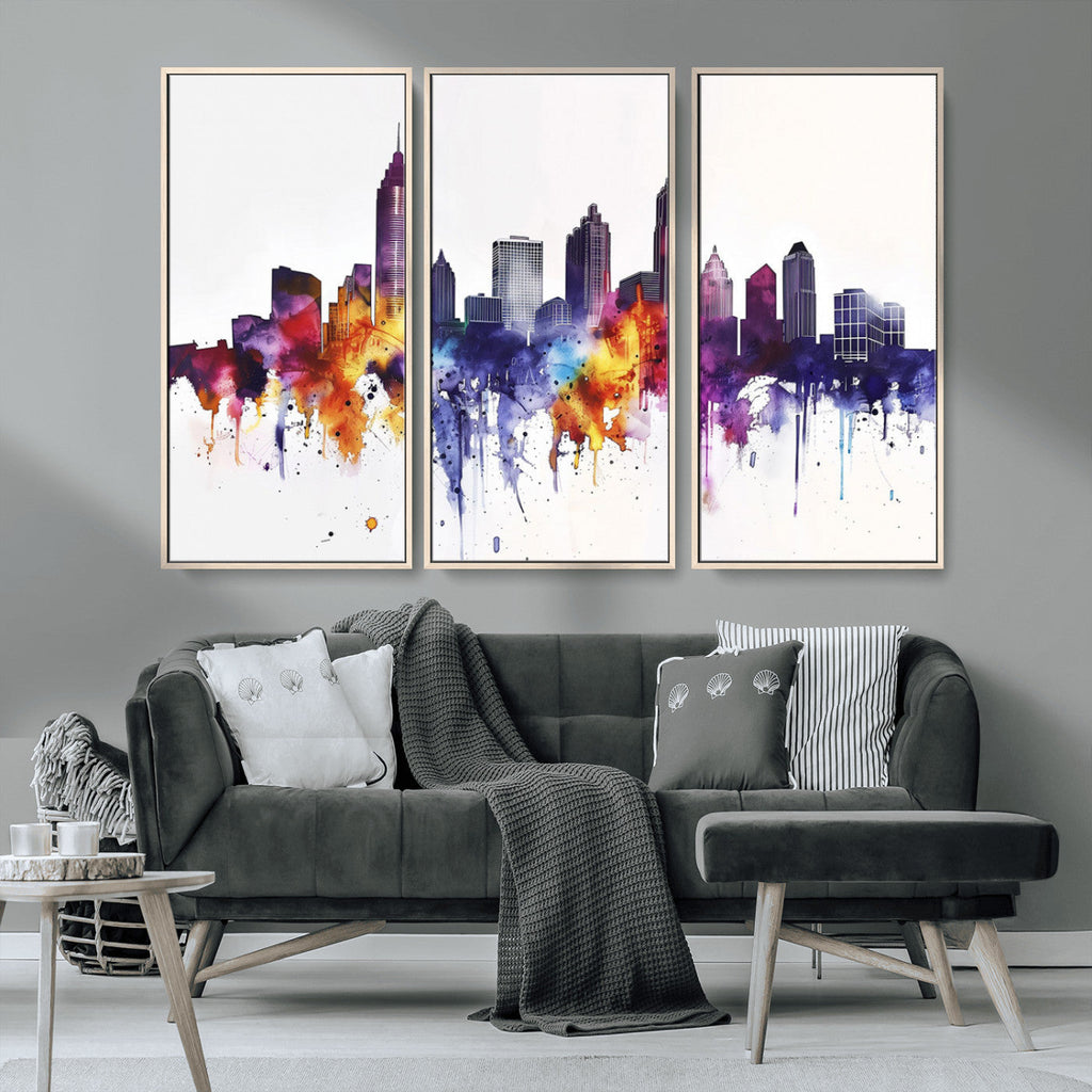 Atlanta Skyline Wall Art Canvas Print, Framed Colorful Watercolor Cityscape