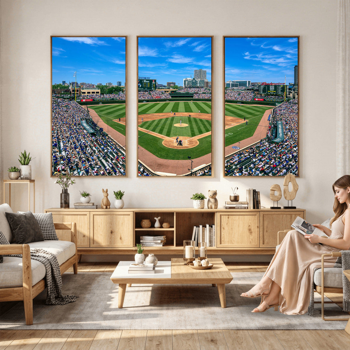 Wrigley Field Baseball Stadium Canvas Wall Art, Packed Crowd and Chicago Skyline