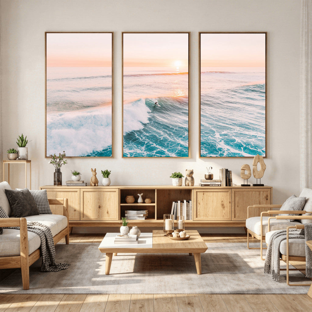 Sunset Surfing Wall Art Canvas Print, Ocean Wave Surfer with Golden Sky