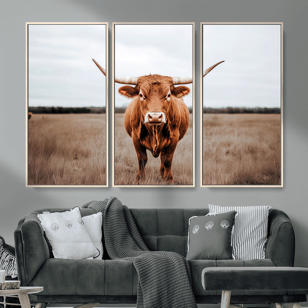 Longhorn Bull Wall Art Canvas Print, Framed Rustic Decor