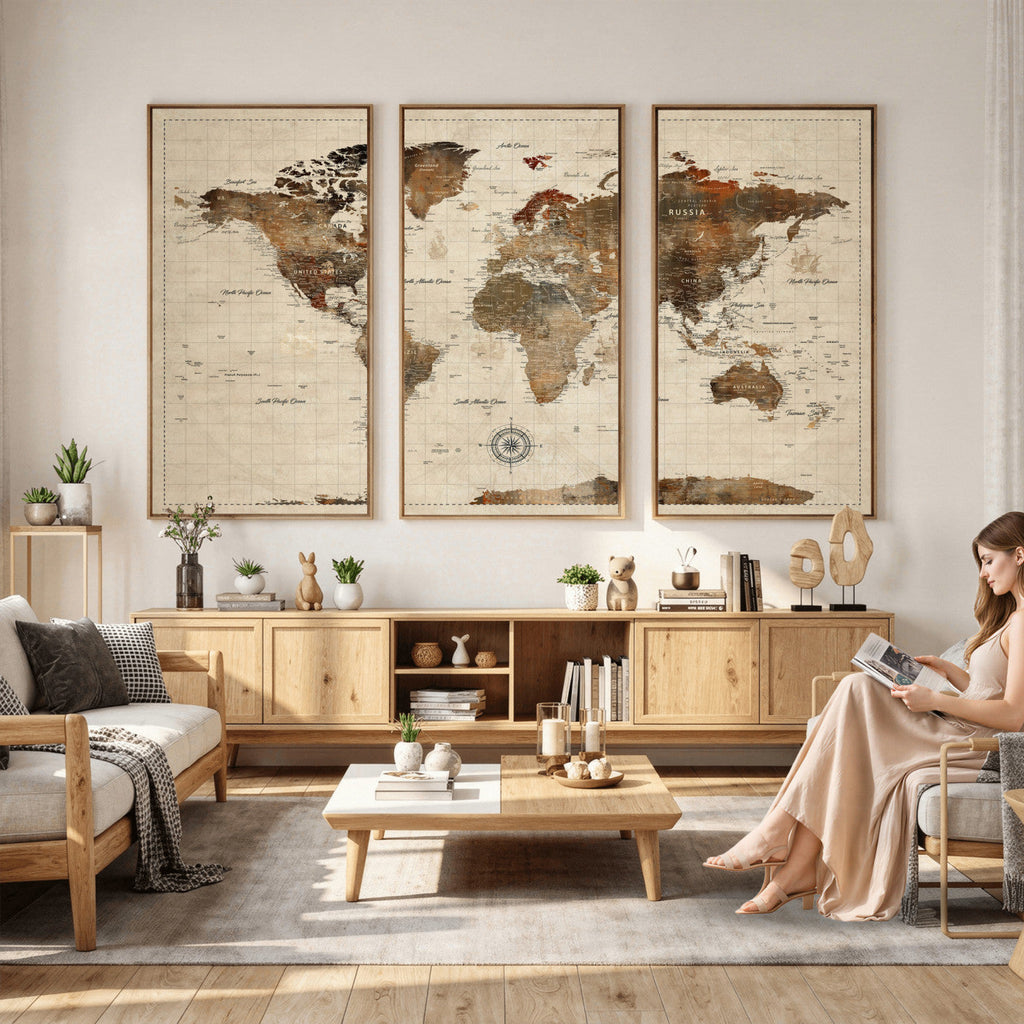 Vintage World Map Wall Art Canvas Print for Living Room, Office and Study