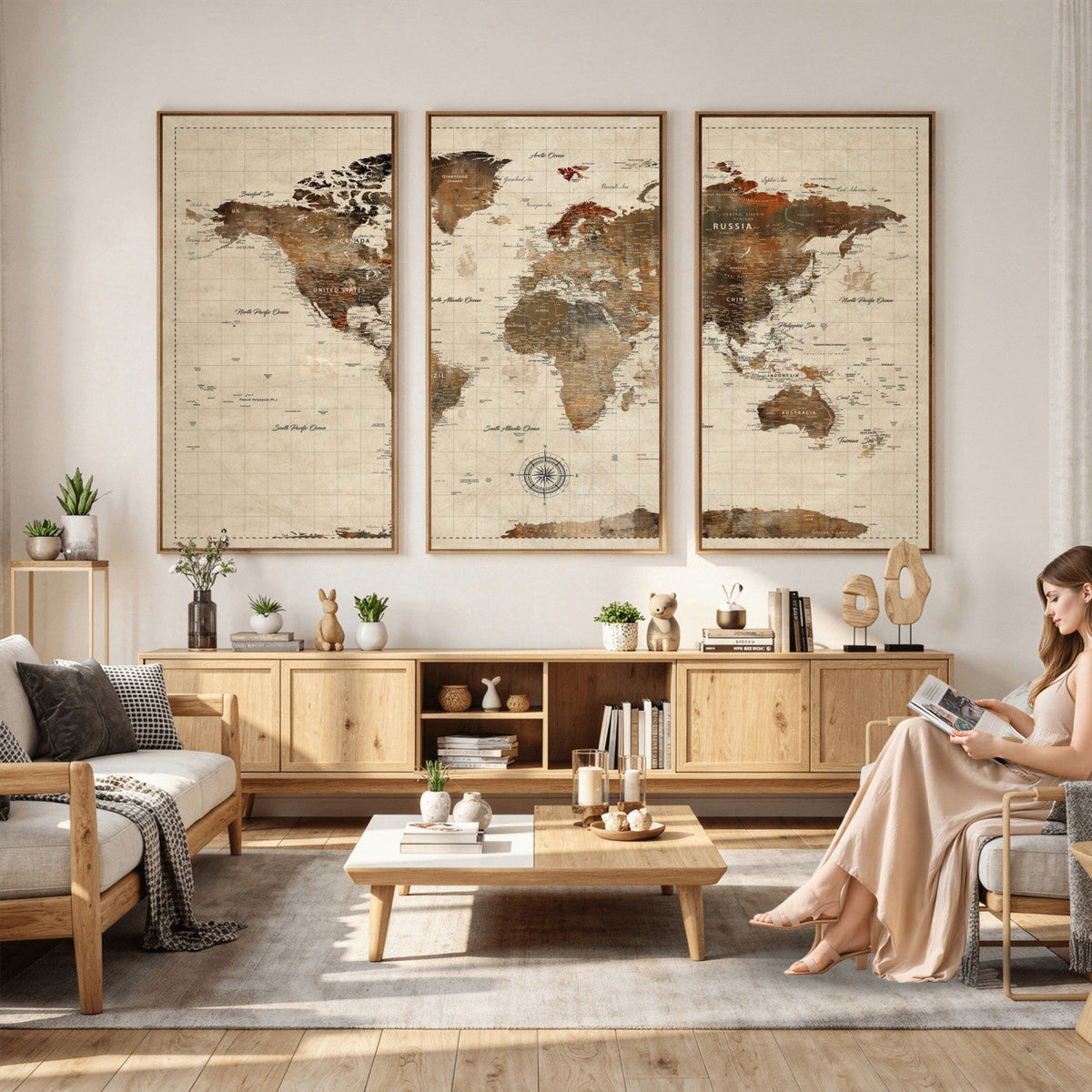 Vintage World Map Wall Art Canvas Print for Living Room, Office and Study