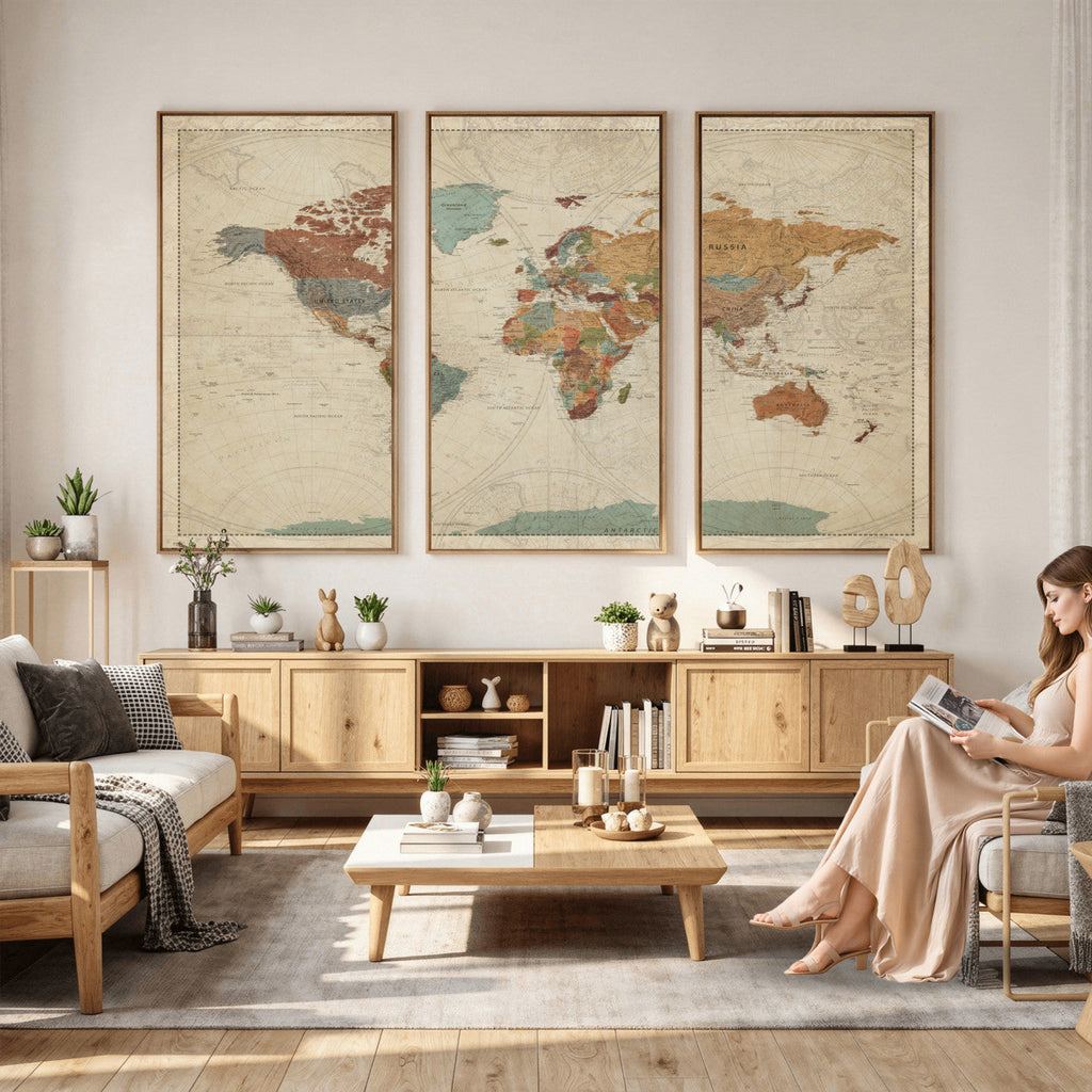 Vintage World Map Canvas Wall Art Print | Framed Modern World Map