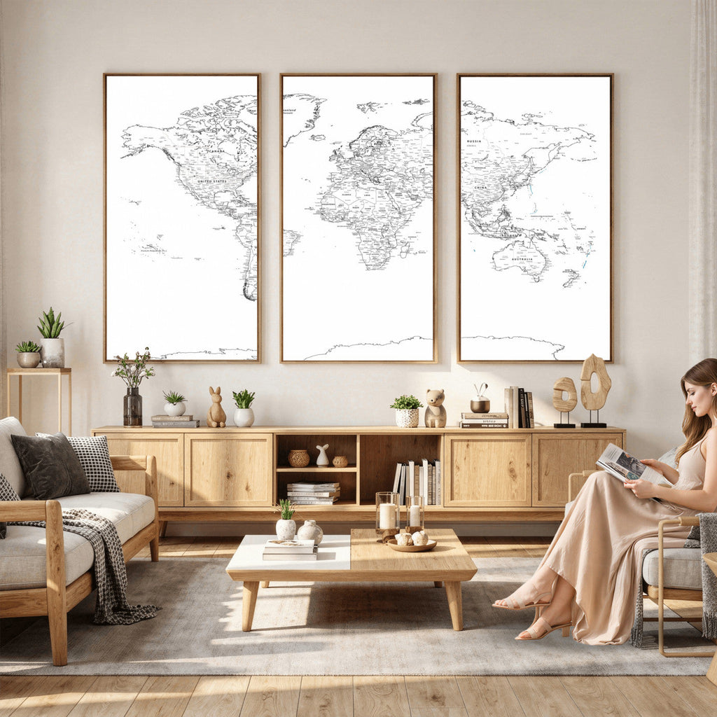 World Map Canvas Print, Framed Modern Detailed Map of the World for Home or Office