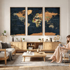 Vintage World Map Canvas Wall Art | Detailed Map with Countries, Oceans and Continents