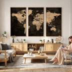 Brown World Map Canvas Print | Modern Travel Map Wall Art