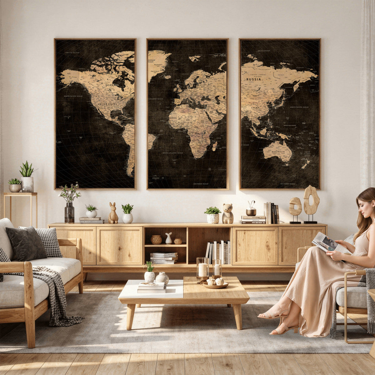 Brown World Map Canvas Print | Modern Travel Map Wall Art