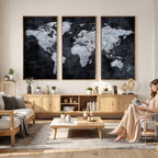 Black World Map Canvas Print | Detailed Map for Couples and Anniversary Gift