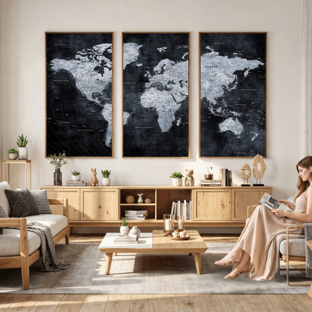 Black World Map Canvas Print | Detailed Map for Couples and Anniversary Gift