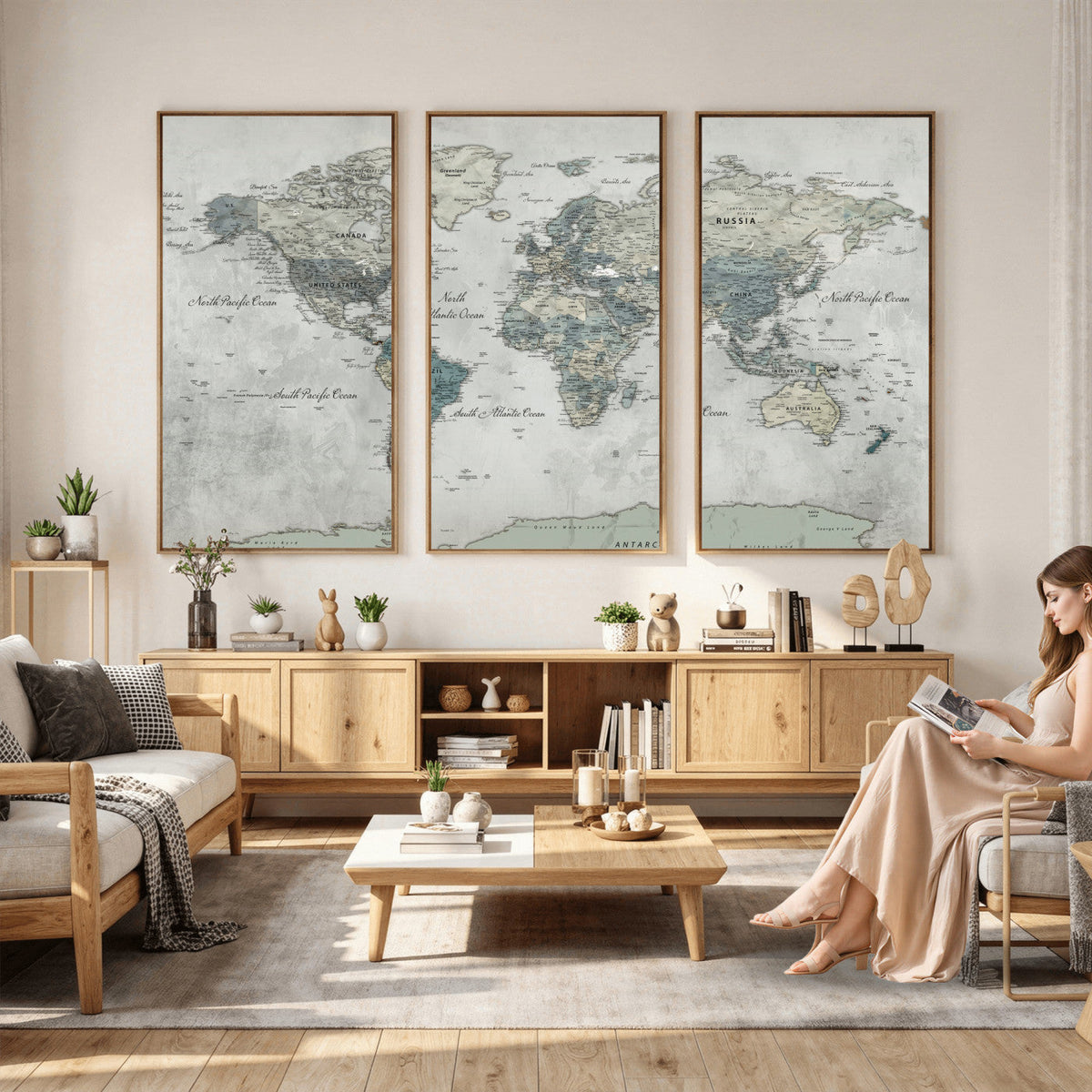 Neutral Vintage World Map Canvas Wall Art Print, Classic Map Artwork