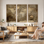 Dark Vintage World Map Canvas Wall Art Print, Antique Map Artwork