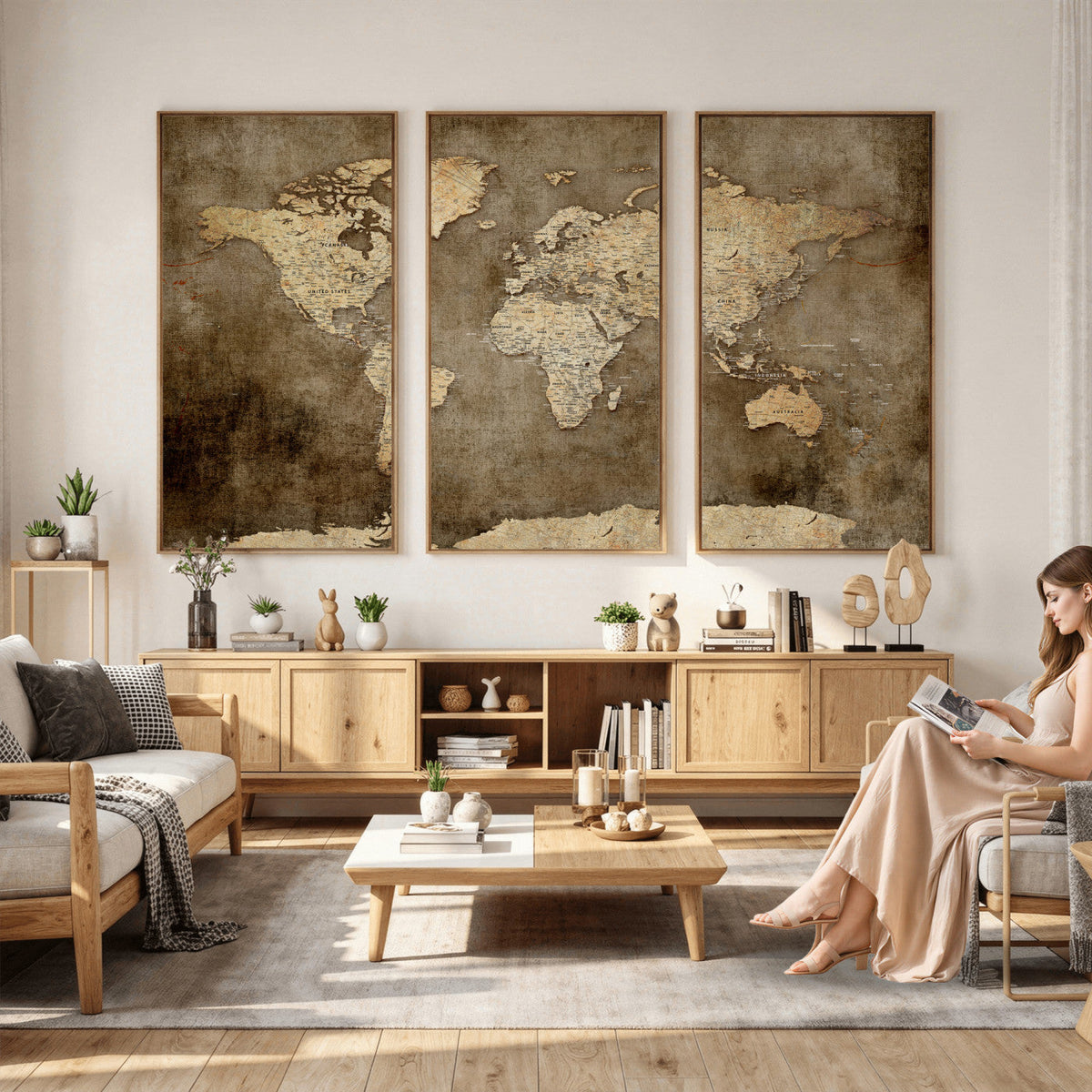 Dark Vintage World Map Canvas Wall Art Print, Antique Map Artwork