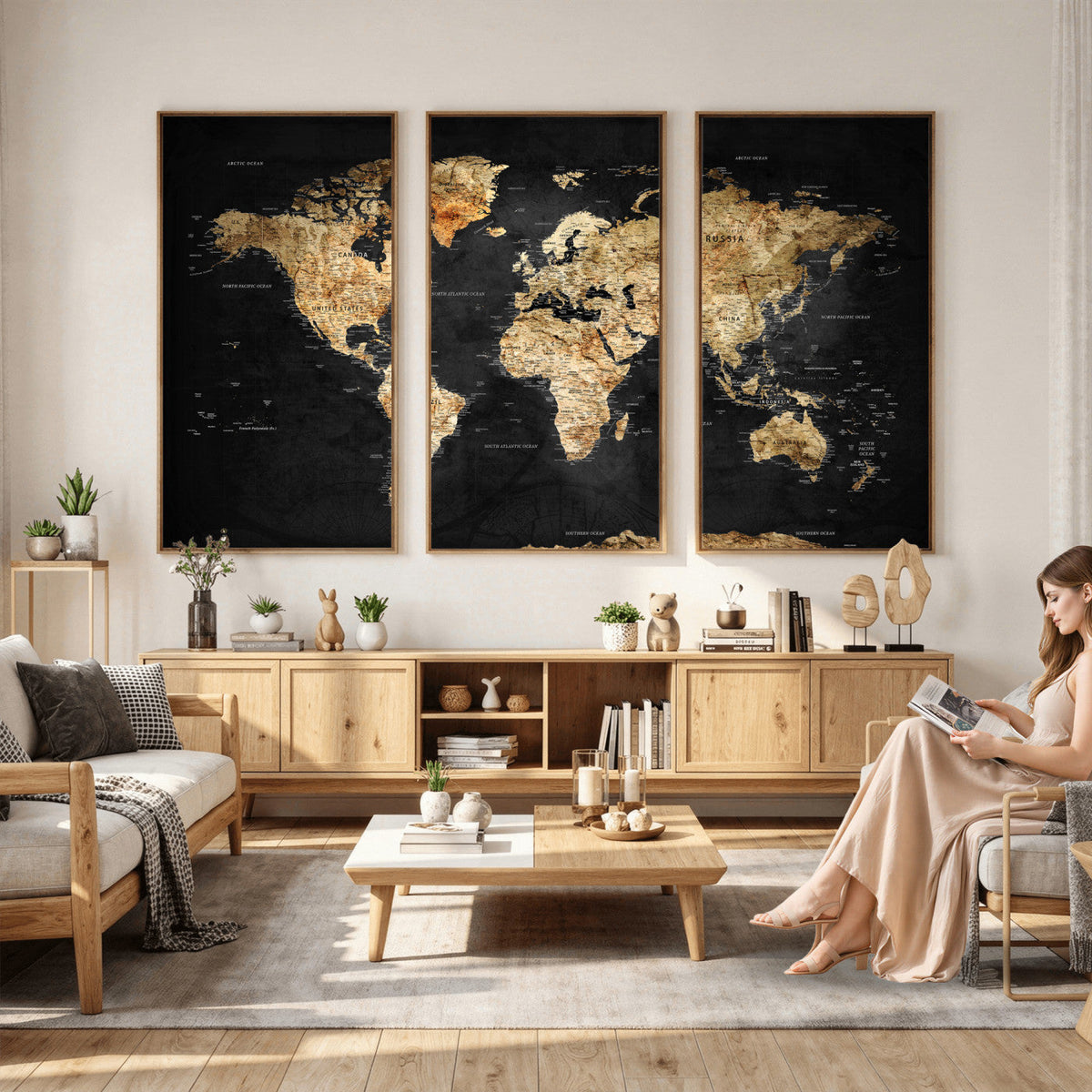 World Map Canvas Wall Art with Famous Landmarks | Framed Travel Map