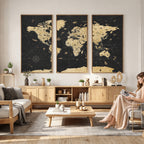 Vintage Blue and Brown World Map Canvas Wall Art | Framed Rustic Map Print