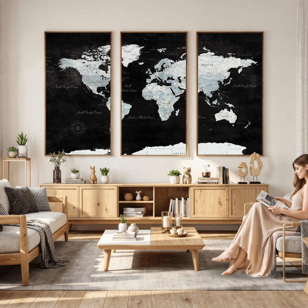 World Map Canvas Print | Framed Push Pin Wall Art, Color Splash Travel Map