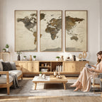 Vintage World Map Canvas Wall Art | Framed Antique Style Travel Map