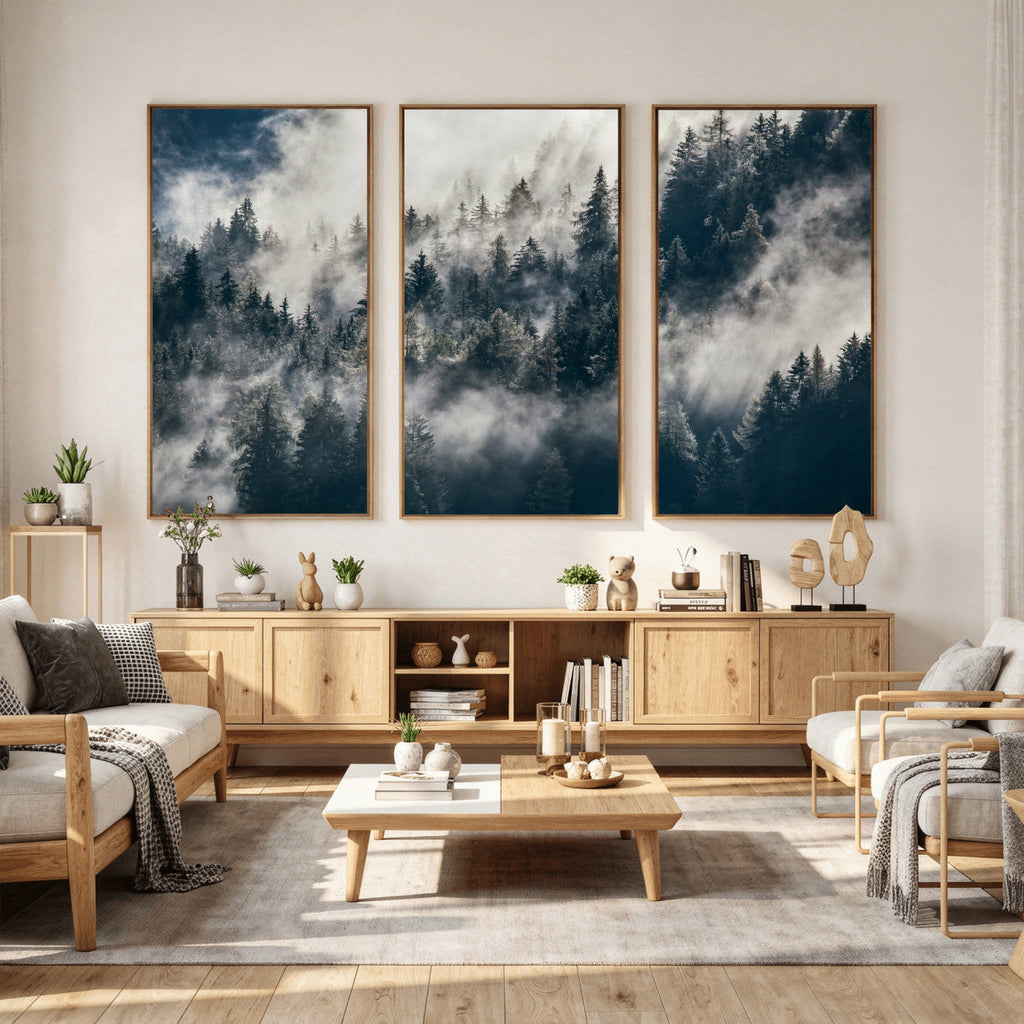 Foggy Mountain Forest Canvas Print, Misty Pine Trees Nature Wall Art