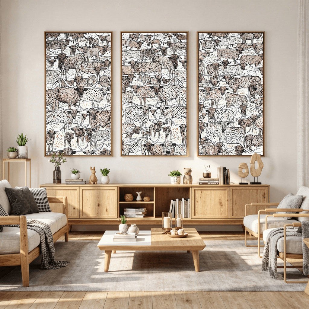 Abstract Texas Cow Wall Art Canvas Print, Farm Longhorn Art for Cabin Decor